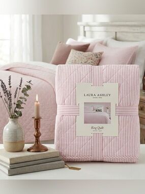 Laura Ashley Pink and White Oxford Striped KING Quilt ~ NWT